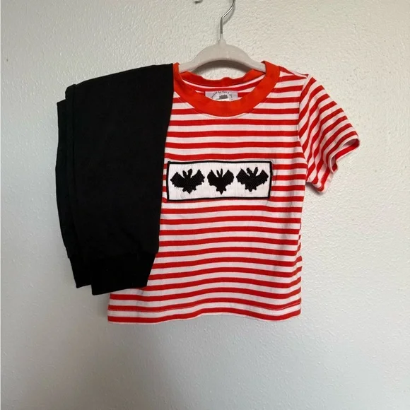 Smocked Orange & White Striped Tee with Black Bat Smocking and Black Joggers - Picture 2 of 4